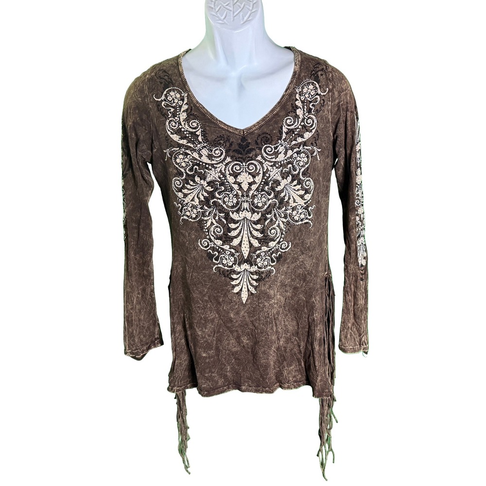 Vocal Long Sleeve Top Women Large Brown Mineral Wash Rhinestone Fringe Graphic